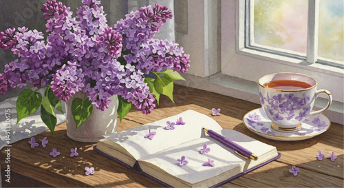 Lilac flowers in a vase beside a notebook and tea cup on the table  