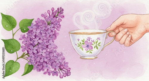 Hand holding teacup with steaming tea beside lilac flowers  