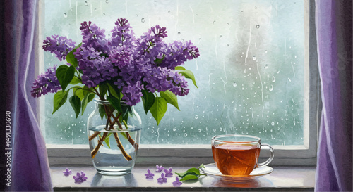 Fresh lilac bouquet and cup of tea by the window on a rainy day  