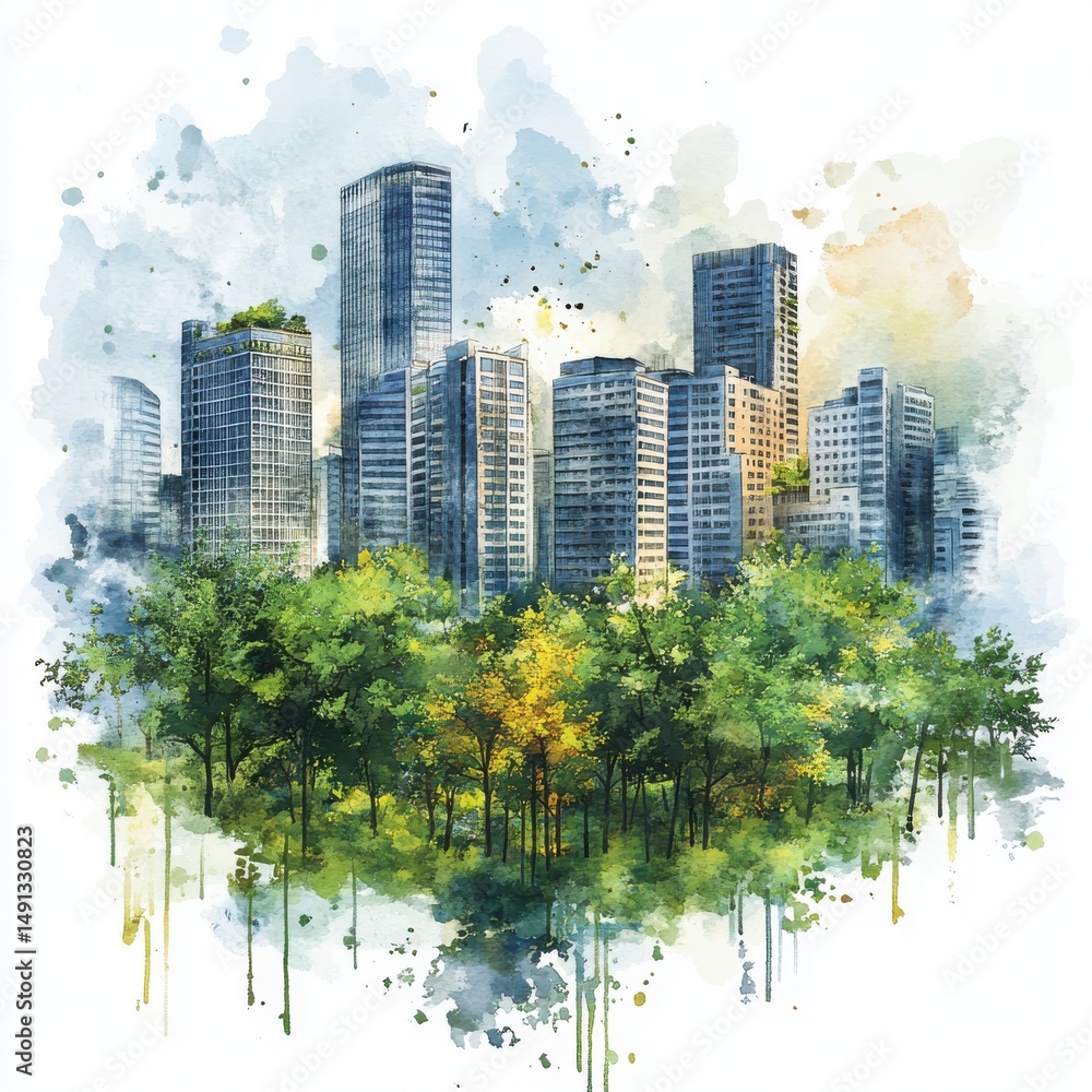 Obraz premium Tranquil Cityscape Watercolor Painting Green Trees and Modern High Rises
