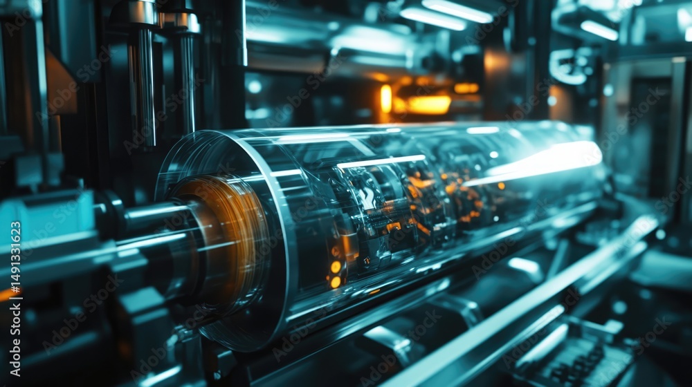 Futuristic Transparent Cylinder in Industrial Machine, Close-up Futuristic Transparent Cylinder in Industrial Machine, Close-up