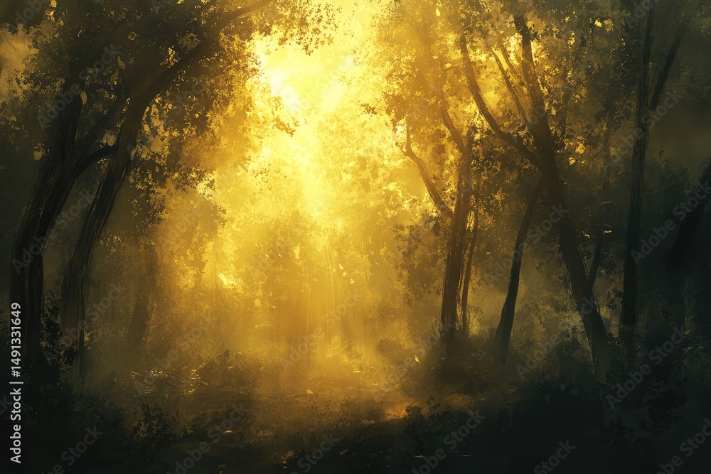 Fototapeta premium Golden light filters through misty forest
