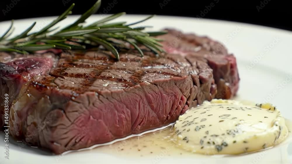 Exquisite Grilled Steak Culinary Presentation: a close-up of a perfectly grilled steak, artfully presented on a plate with a sprig of rosemary and a dollop of flavored butter. Exquisite Grilled Steak Culinary Presentation: a close-up of a perfectly grilled steak, artfully presented on a plate with a sprig of rosemary and a dollop of flavored butter.