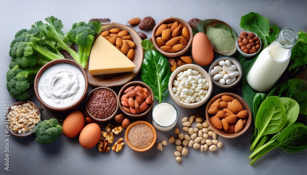 a variety of foods rich in calcium including dairy products leafy greens and nuts calcium food diet nutrition healthy a variety of foods rich in calcium including dairy products leafy greens and nuts calcium food diet nutrition healthy