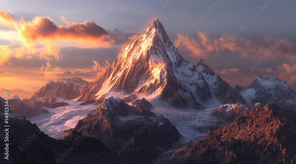 Fototapeta premium Majestic snow-capped peak at sunset, clouds surround