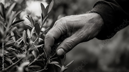 Close-up view of a weathered hand touching olive leaves.