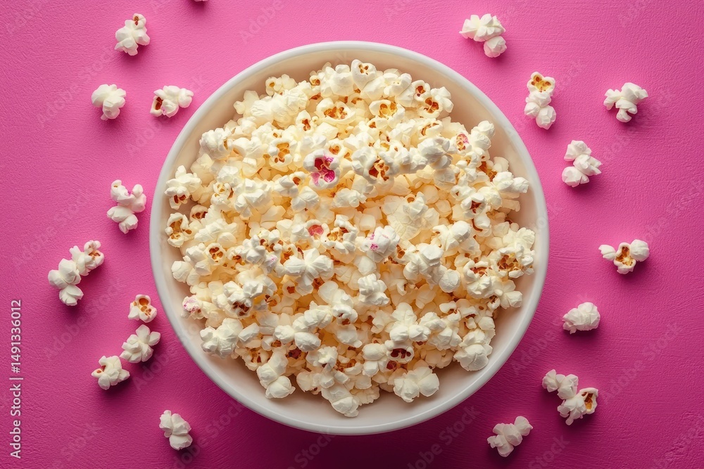 white bowl filled with freshly popped popcorn scattered on bright pink surface with bright colors and inviting look white bowl filled with freshly popped popcorn scattered on bright pink surface with bright colors and inviting look