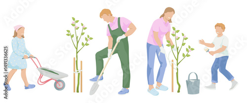 Family working in the garden. Man with a shovel digs on, women ties the apple saplings to a wooden peg, girl with garden wheelbarrow, Boy with brush for whitewashing apple tree.
