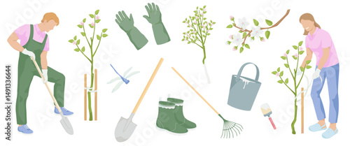 A man with a shovel digs on, women ties the apple saplings to a wooden peg. gardening tools - protective gloves, shovel, rake, pair of rubber boots, blooming apple tree,