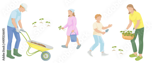 Family gardening. Man with garden wheelbarrow, women with plants, boy with hand shovel, girl with bucket