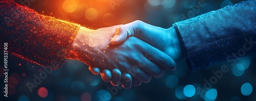 Partnership handshake, glowing energy, deal
