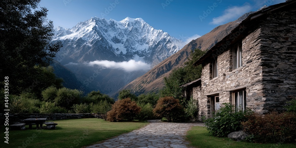 Fototapeta premium Majestic Mountain View by Rustic Stone House Surrounded by Lush Green Garden and Pathway Captivating Natural Landscape Scene for Serene Travel Destinations and Escapes