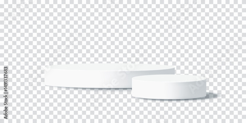 White 3D podium platforms for product presentation. Realistic stage background. Vector illustration isolated on transparent background