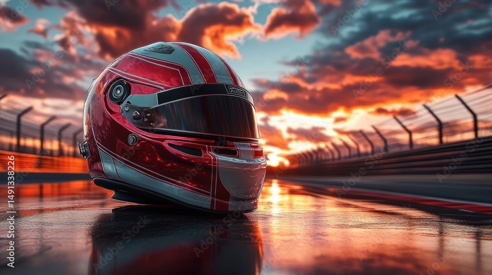 Obraz premium Red and white racing helmet placed on wet race track surface with dramatic sunset and cloudy sky in the background