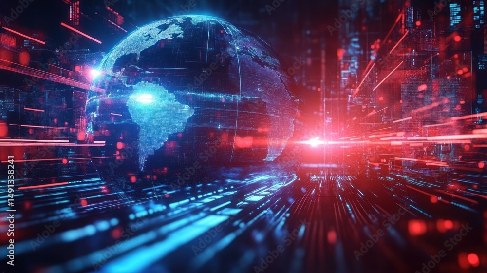 Obraz premium Digital representation of a glowing earth globe surrounded by dynamic red and blue light streaks suggesting data flow and advanced technology