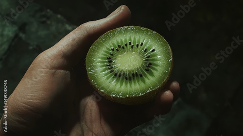 Close-up view of a sliced kiwi held in a hand.