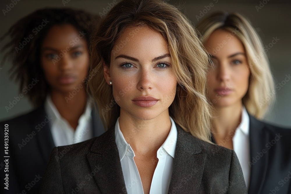 Confident diverse businesswomen in professional attire looking directly at camera with serious expressions in an office setting Confident diverse businesswomen in professional attire looking directly at camera with serious expressions in an office setting