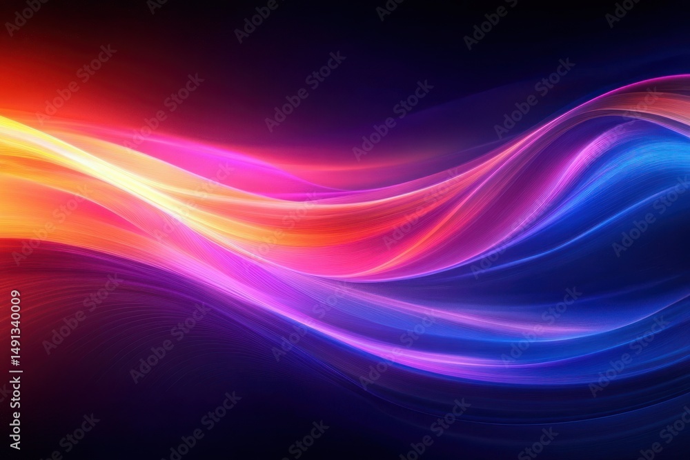Smooth flowing waves of vibrant colors in shades of red, orange, pink, purple, and blue against a dark background creating a sense of motion and energy Smooth flowing waves of vibrant colors in shades of red, orange, pink, purple, and blue against a dark background creating a sense of motion and energy