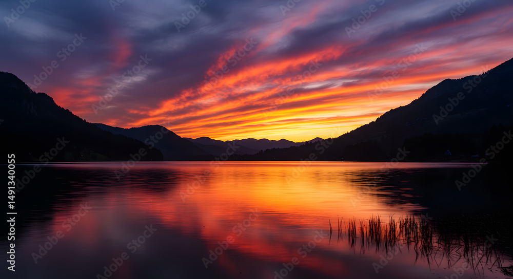 Fototapeta premium Lake and Mountain at Sunrise with Colorful Sky