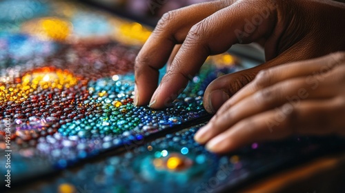 Close-up view of hands meticulously placing colorful beads on a craft project.
