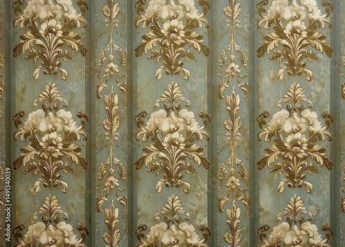close-up of vintage floral patterned wallpaper with ornate beige and brown flowers and leaves on muted blue background