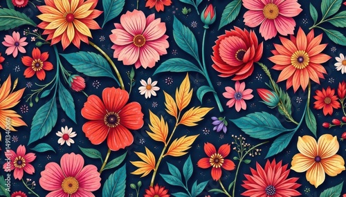 Intricate floral textile design, repeating seamlessly , textile, colorful