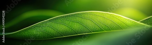 Close-up of a vibrant green leaf with detailed visible veins and soft natural light highlighting its texture and delicate curves