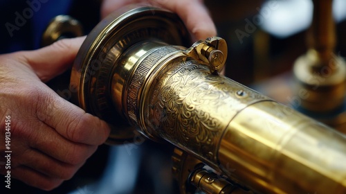 Close-up view of intricate brass antique firearm.