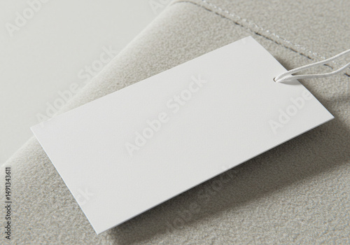 Blank white hang tag mockup with string on a light gray or beige textured background. This mockup is ideal for eco-friendly branding, handmade product tags, or simple retail presentations.