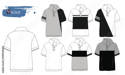 mockup Tees, black and white polo shirts, Short sleeve Polo shirt Technical Fashion flat, Set of templates  polo shirts for men, Blank short sleeve  shirt mockup, Blank polo shirt art.eps8