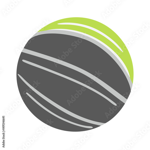 Flat minimal bold silhouette icon of exercise ball gray silhouette with a lime green accent detail health wellness icon
