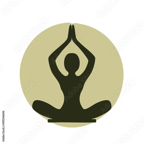 Flat minimal bold silhouette icon of person in a yoga pose olive silhouette with a gold accent detail health wellness icon