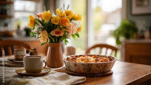 Wallpaper Mural Mother’s Day brunch, cozy kitchen with a freshly baked breakfast casserole, coffee cups, and floral arrangements on the table Torontodigital.ca