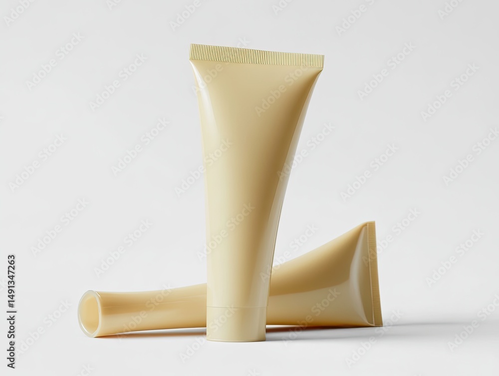 Two pale-yellow, slightly tapered cosmetic tubes rest on a white background; one stands upright, the other lies horizontally Two pale-yellow, slightly tapered cosmetic tubes rest on a white background; one stands upright, the other lies horizontally