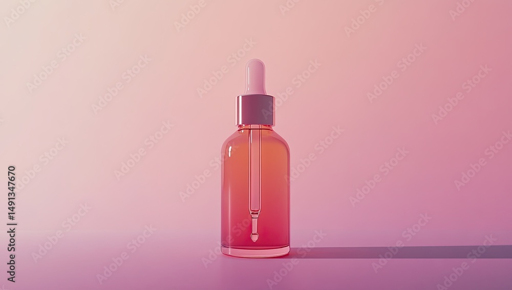 Amber glass dropper bottle with a light pink/peach colored serum, on a gradient pink background Amber glass dropper bottle with a light pink/peach colored serum, on a gradient pink background
