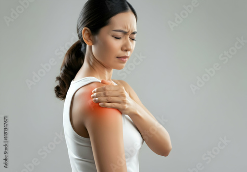 Young Woman Suffering from Shoulder Pain Medical Injury Female Holding Shoulder in Pain