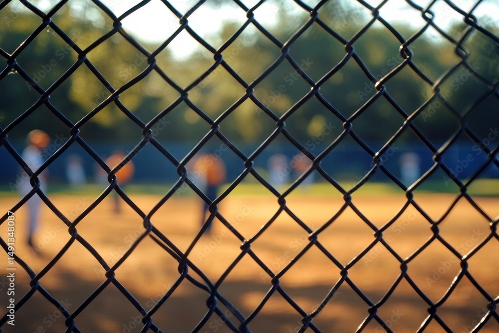 view through chain-link fence of baseball players practicing on sunlit field with green trees in background view through chain-link fence of baseball players practicing on sunlit field with green trees in background