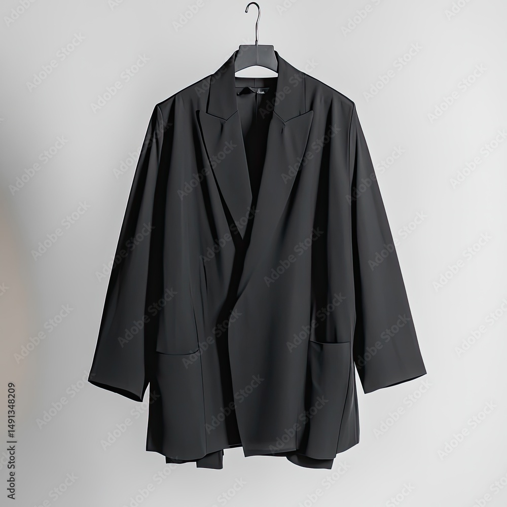 Oversized black blazer hanging on a simple black hanger against a plain white background; features a relaxed fit, notched lapels, and subtle patch pockets Oversized black blazer hanging on a simple black hanger against a plain white background; features a relaxed fit, notched lapels, and subtle patch pockets