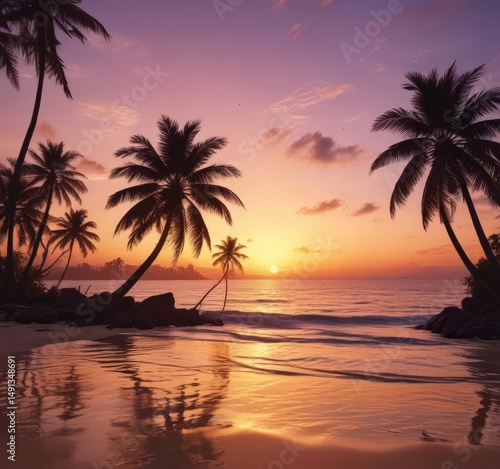 Silhouetted palm trees at sunset, tropical beach scene , vector, sea, graphic