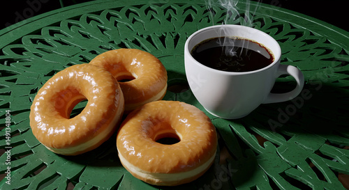 Glazed donuts and hot coffee on green metal table


