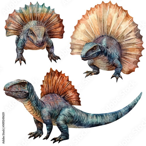 watercolor of Herding Pack Of Dimetrodon Creatures, vector high quality, isolated on a white background.