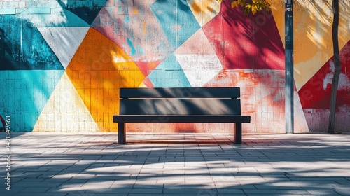 Black bench against colorful geometric urban wall