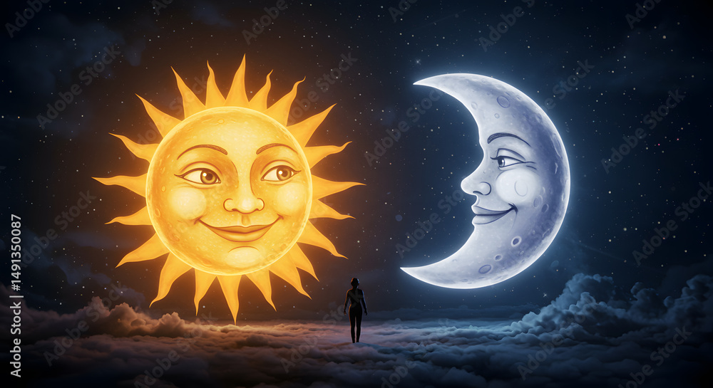 Fototapeta premium Sun and Moon Celestial Illustration