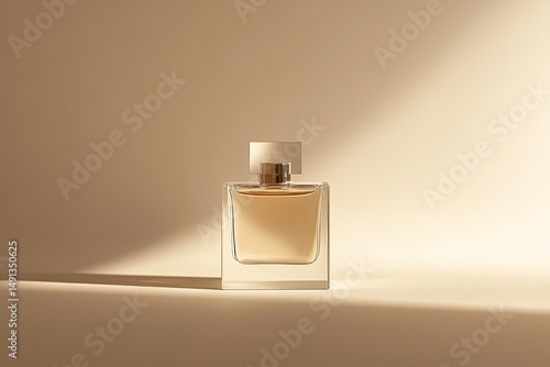 A square glass perfume bottle with amber liquid, sits on a beige surface bathed in warm, diagonal sunlight