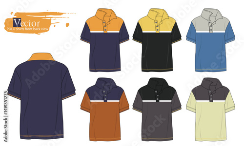 POLO shirts front back view, cut and sew polo shirt, Short sleeve Polo shirt mock up, Set of templates colored polo shirts, collared shirt mockup, Blank polo shirt art.eps8