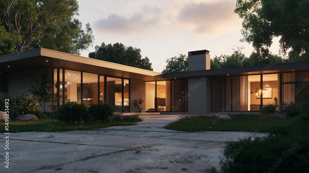 Fototapeta premium Sleek modernist home design with walls of glass surrounded by lush greenery