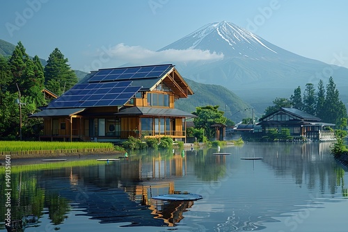 Futuristic Japanese Rice Field: Floating Solar Panels, Mount Fuji, Serene Mist