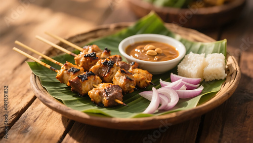 Juicy satay skewers with peanut sauce, lontong (rice cake), and shallots on banana leaf, captured in warm, rustic lighting