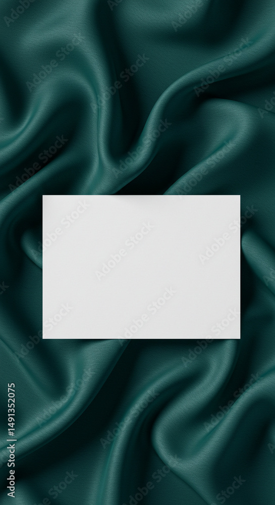 Blank white business card mockup on a dark green or emerald silk fabric. This mockup is excellent for luxury branding, sophisticated corporate identity, or rich, elegant stationery. Blank white business card mockup on a dark green or emerald silk fabric. This mockup is excellent for luxury branding, sophisticated corporate identity, or rich, elegant stationery.