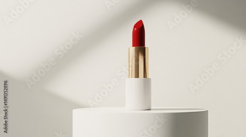 A vibrant red lipstick with a gold band is displayed on a white cylindrical pedestal.